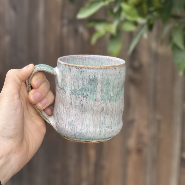 Seafoam Rain Mug — Streaky seafoam glaze falling like rain over bone white